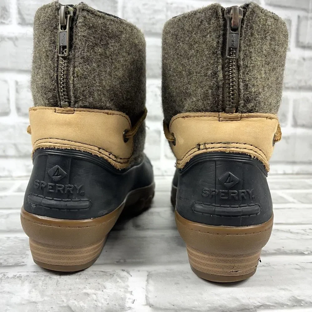 Sperry Black Rubber & Olive Wool Waterproof Winter Boots with Brown Trim